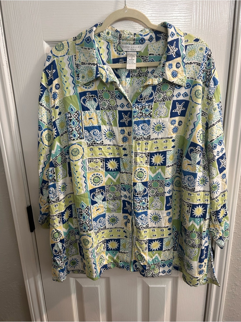 Vintage Napa valley 3/4 Sleeve Buton Up Shirt Geometric Designs Sz 3X costal